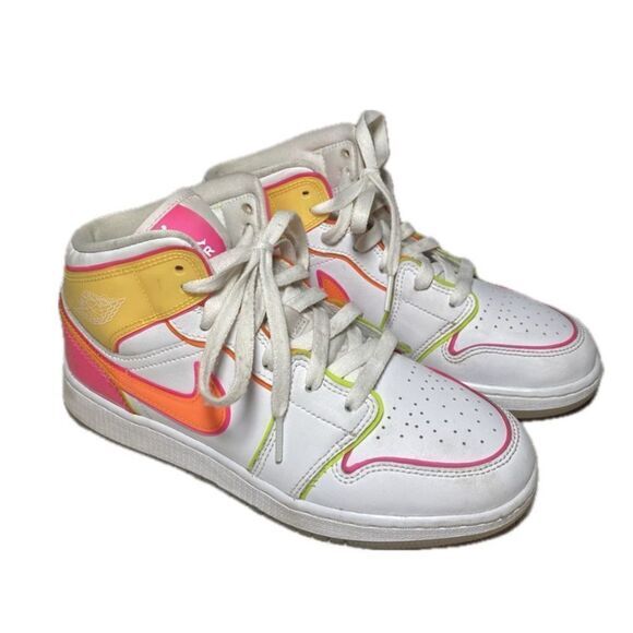 Nike Jordan 1 Women's Sneakers White Neon Pink Mid Edge Glow Size 5.5 Y 7 Womens - Picture 1 of 10